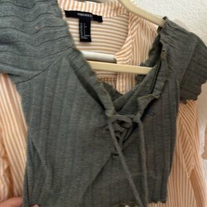 Windsor Olive Green Ribbed Lace-Up Crop Top